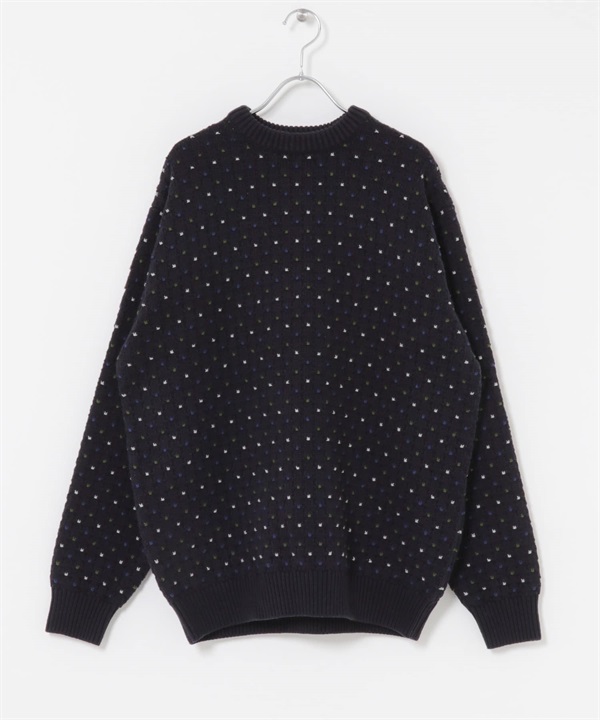 鳥眼花紋圓領針織衫(藏青色-M-其他藍色)