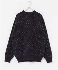 鳥眼花紋圓領針織衫(藏青色-M-其他藍色)