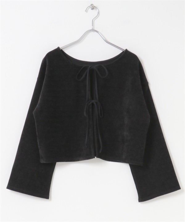 絲絨蝴蝶結開襟衫(黑色-M-BLACK)