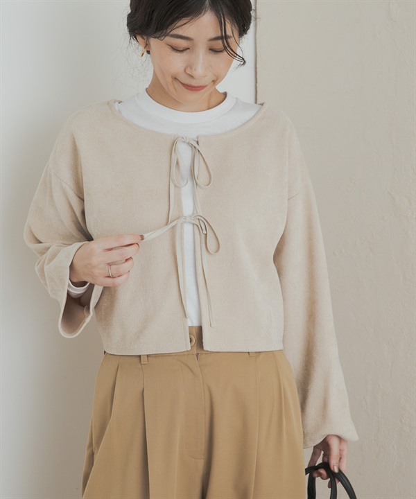 絲絨蝴蝶結開襟衫