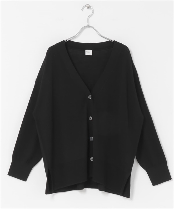 可水洗美麗諾羊毛V領寬版開襟衫(黑色-M-BLACK)