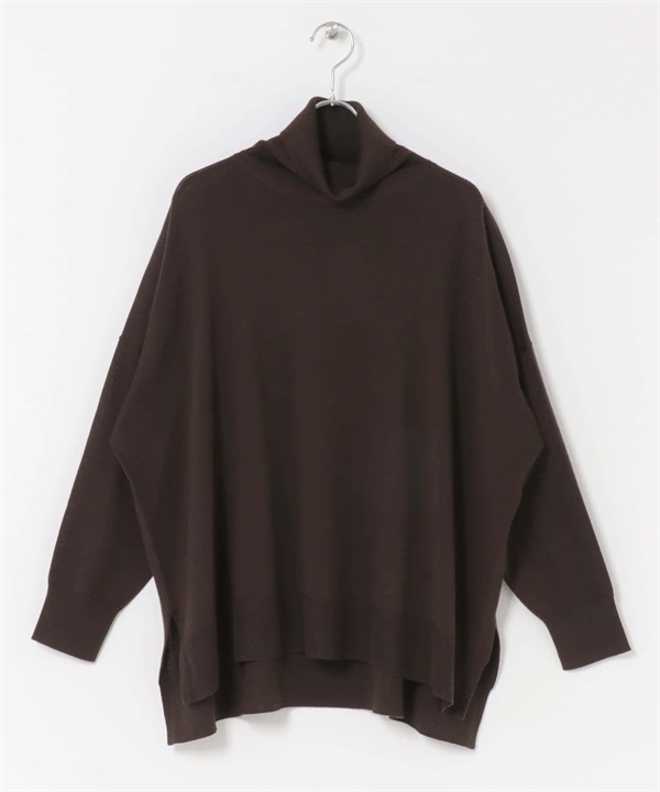 可水洗羊毛高領寬版針織衫(棕色-M-BROWN)