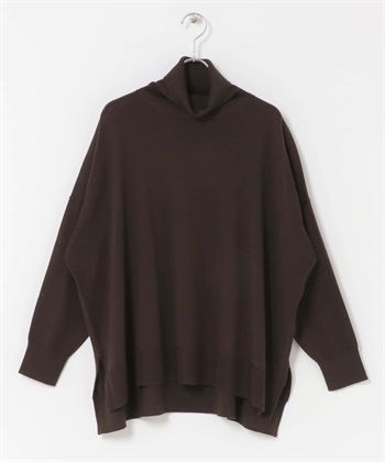 可水洗羊毛高領寬版針織衫(棕色-M-BROWN)