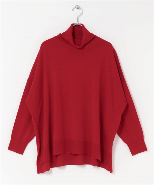 可水洗羊毛高領寬版針織衫(紅色-M-RED)