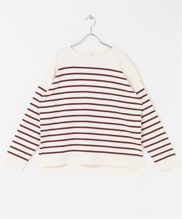 橫紋針織衫(米色x深櫻桃紅色-M-其他紅色)