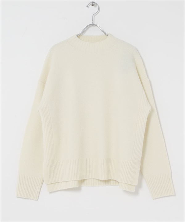 高領側邊開衩針織衫(米色-FREE-OFF WHITE)