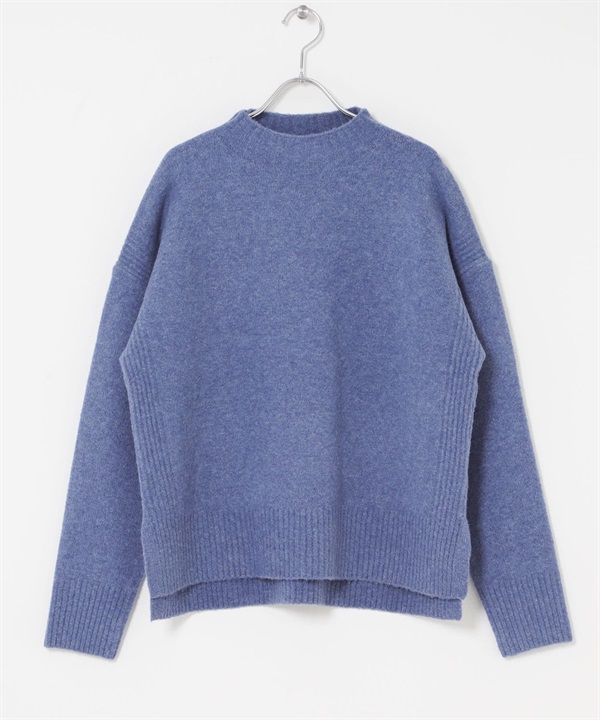高領側邊開衩針織衫(藍色-FREE-BLUE)