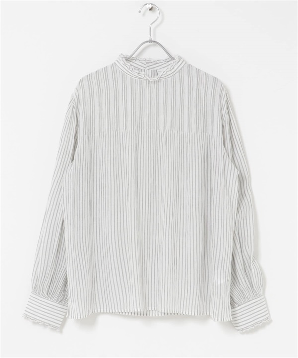 細褶荷葉邊立領罩衫(直條紋-FREE-STRIPE)