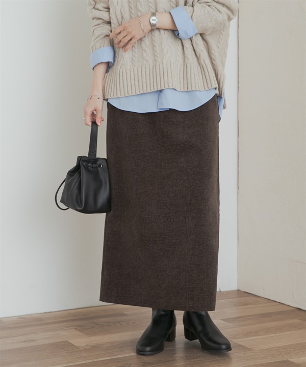 皺褶感絲絨直筒裙