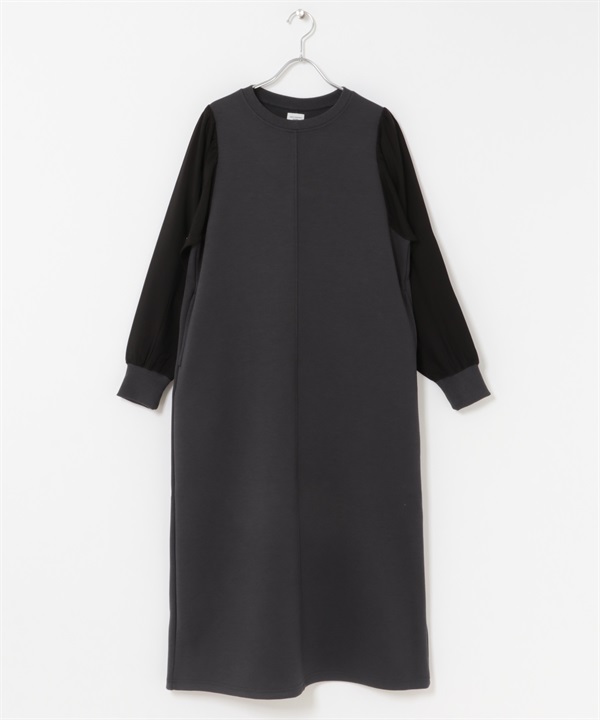 蓬袖拼接洋裝(炭灰色-M-CHARCOAL GRAY)