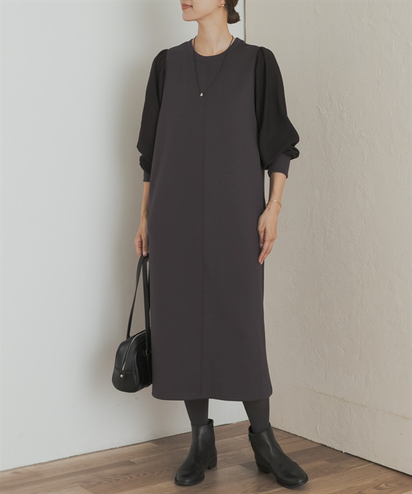 蓬袖拼接洋裝