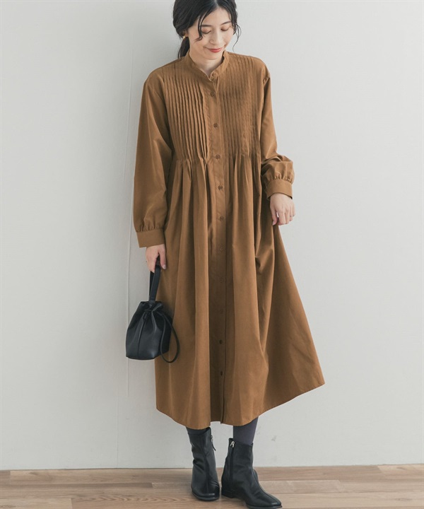 蜜桃絨細褶洋裝