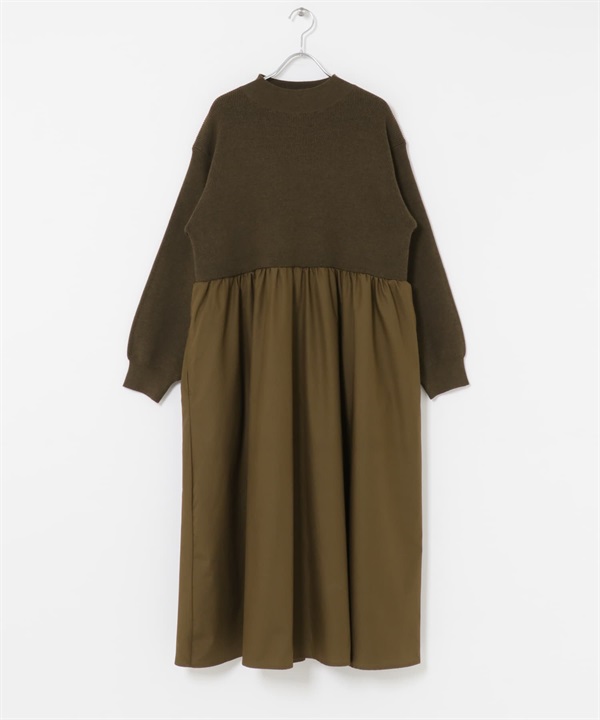 針織拼接洋裝(卡其綠-M-KHAKI)