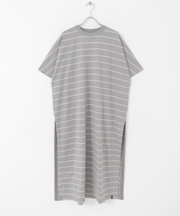 EKAL / 自然橫紋短袖洋裝(灰色x淡綠-one-COLOR C)