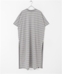 EKAL / 自然橫紋短袖洋裝(灰色x淡綠-one-COLOR C)