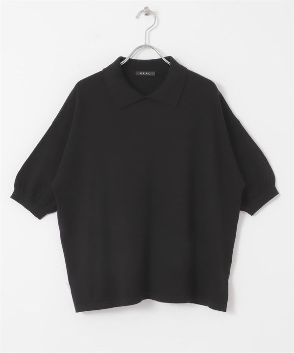 EKAL / 五分袖針織POLO衫(黑色-one-BLACK)