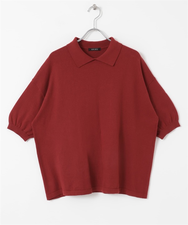 EKAL / 五分袖針織POLO衫(紅色-one-RED)