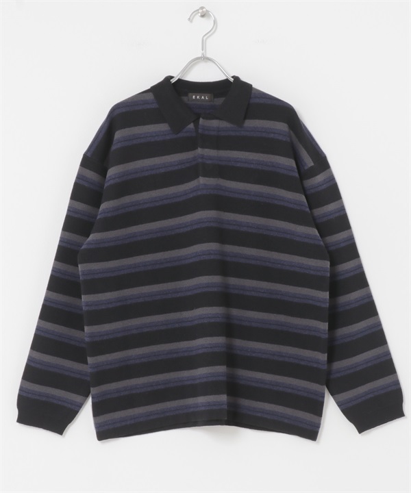 EKAL / 緹花橫紋POLO針織衫(黑色-one-BLACK)