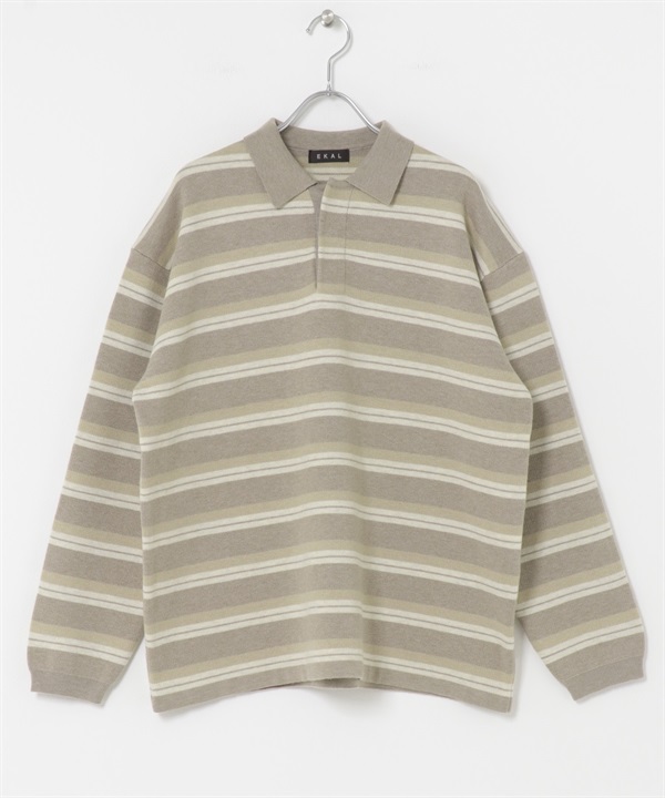 EKAL / 緹花橫紋POLO針織衫(膚色-one-BEIGE)