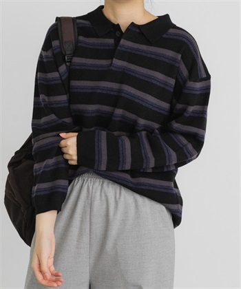 EKAL / 緹花橫紋POLO針織衫