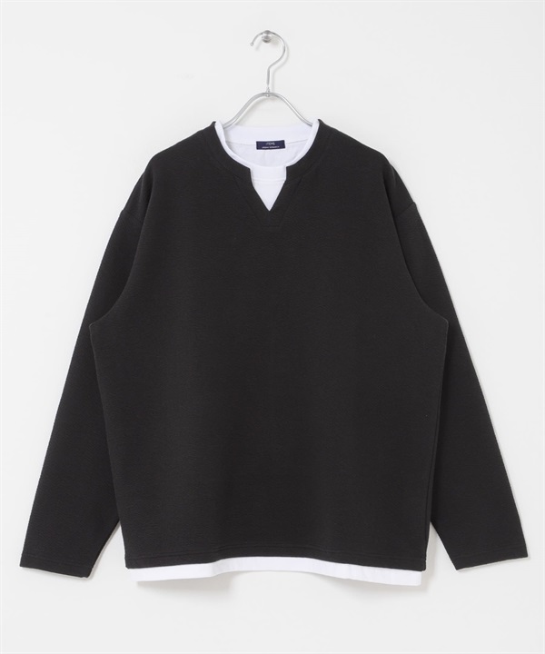 假兩件V領緹花上衣(黑色-M-BLACK)