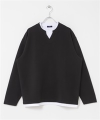 假兩件V領緹花上衣(黑色-M-BLACK)