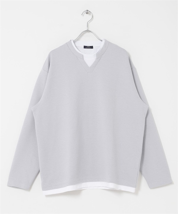 假兩件V領緹花上衣(灰色-M-GRAY)