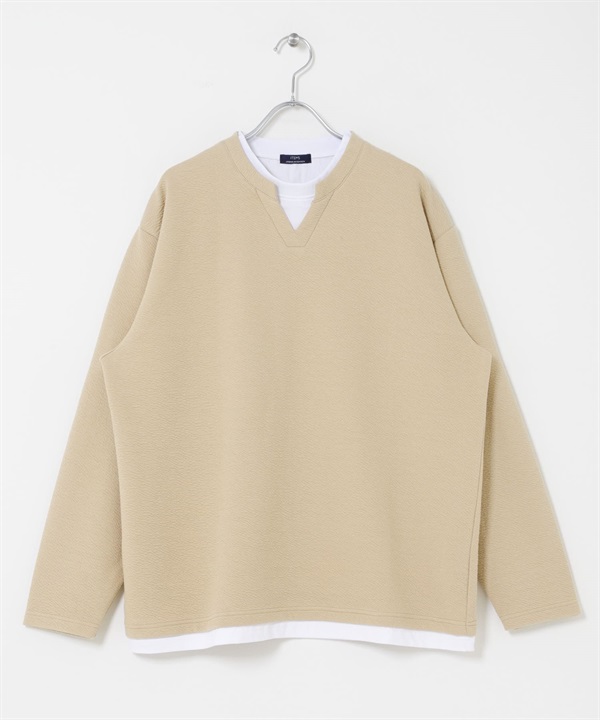 假兩件V領緹花上衣(膚色-M-BEIGE)