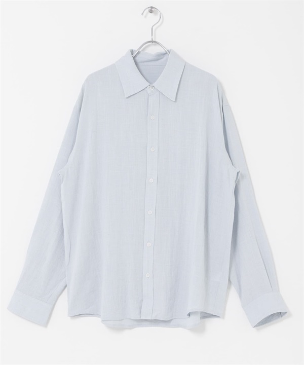 混麻料標準領襯衫(薩克斯藍-M-其他藍色)