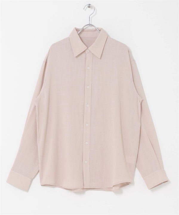 混麻料標準領襯衫(煙粉色-M-其他粉色)