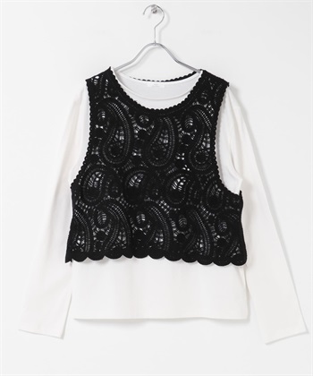 【成套組合】鉤針背心 × 長版T恤(黑色-FREE-BLACK)