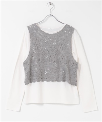 【成套組合】鉤針背心 × 長版T恤(灰色-FREE-GRAY)