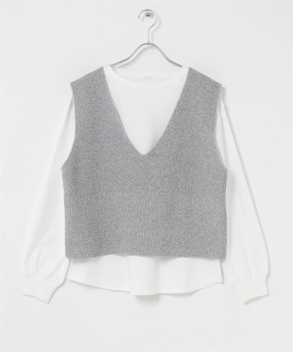 【成套組合】針織背心 × 蓬袖上衣(灰色-FREE-其他灰色)