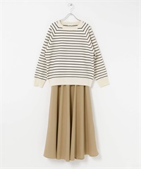 【成套組合】休閒感針織衫 × 裙子(條紋-FREE-其他白色)