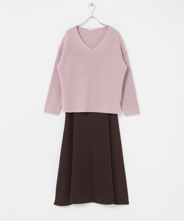 【成套組合】V領畦編針織衫 × 細肩帶洋裝(粉紅色-FREE-PINK)