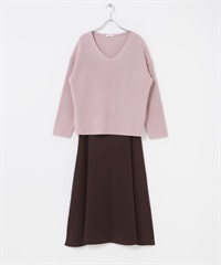 【成套組合】V領畦編針織衫 × 細肩帶洋裝(粉紅色-FREE-PINK)
