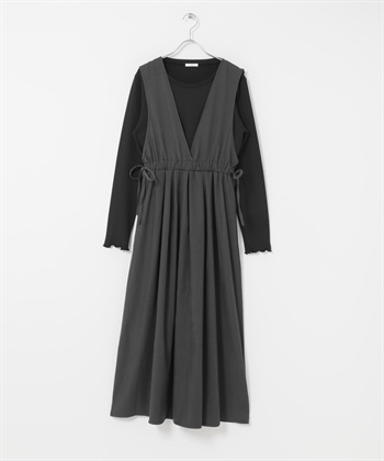 【成套組合】碎褶背心裙 × 長袖T恤(炭灰色-FREE-CHARCOAL GRAY)