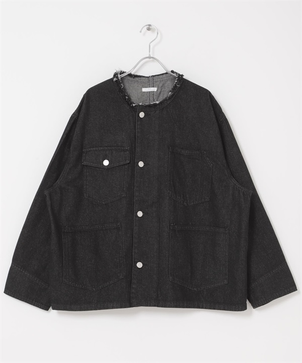 寬版無領牛仔外套(黑色-FREE-BLACK)
