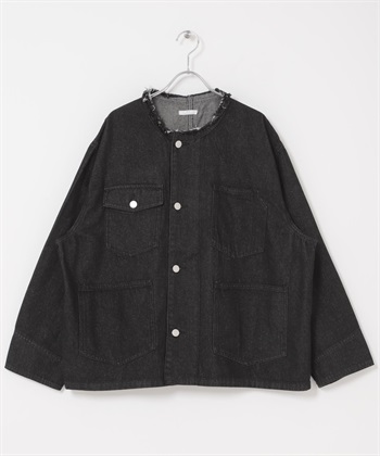 寬版無領牛仔外套(黑色-FREE-BLACK)