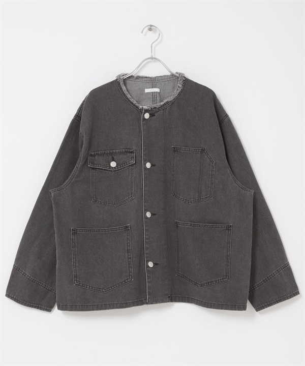 寬版無領牛仔外套(灰色-FREE-GRAY)