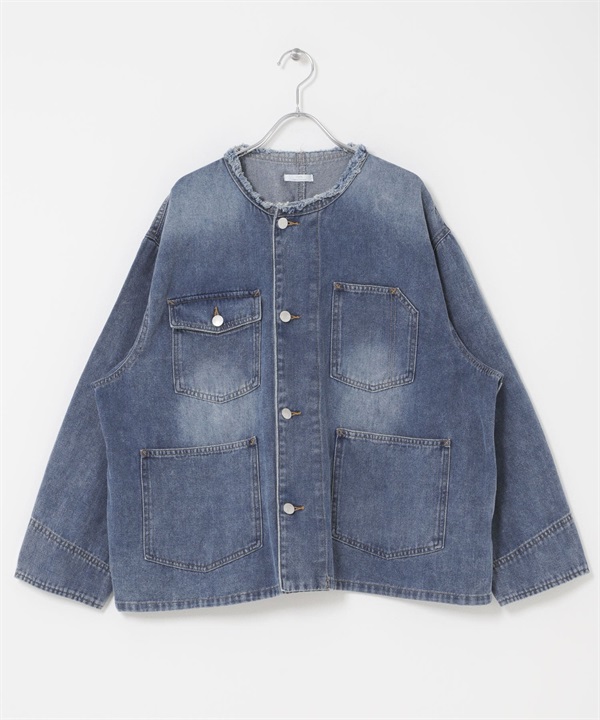 寬版無領牛仔外套(藍色-FREE-BLUE)