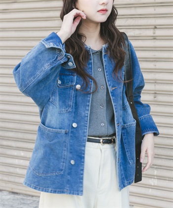 寬版無領牛仔外套