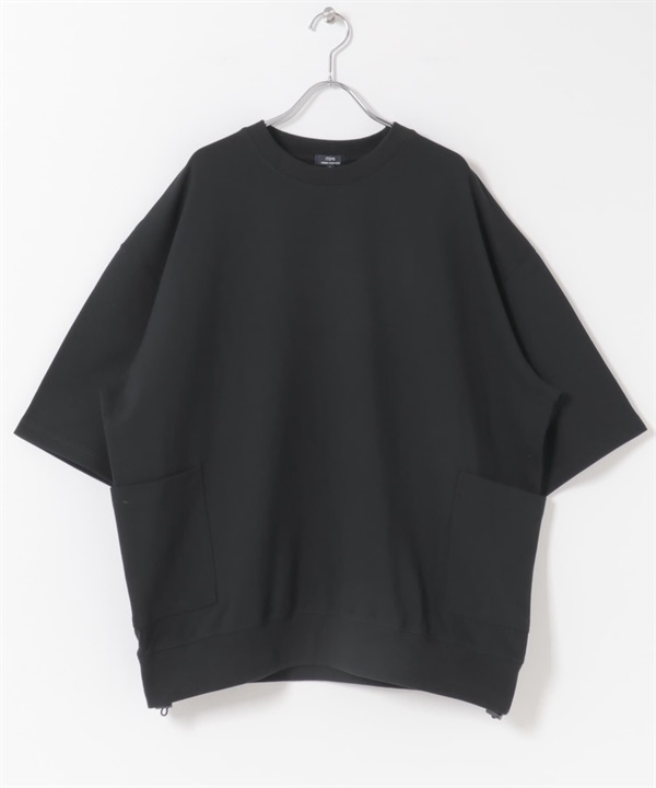 側邊口袋短袖羅馬布上衣(黑色-M-BLACK)