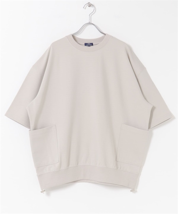 側邊口袋短袖羅馬布上衣(膚色-M-BEIGE)