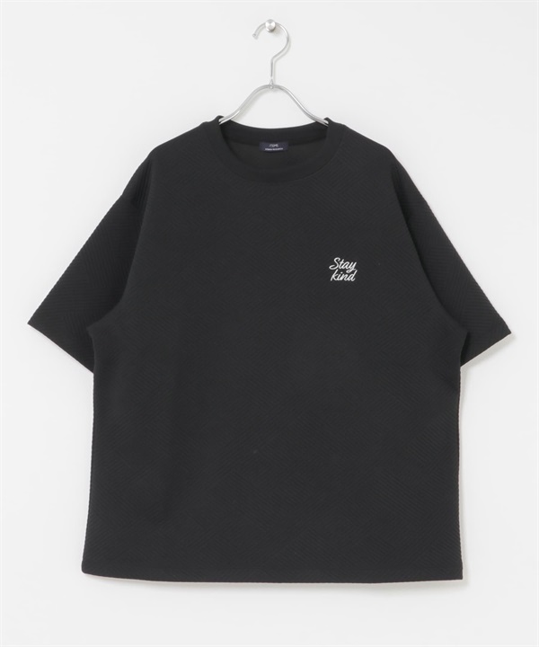 刺繡緹花涼感五分袖上衣(黑色-M-BLACK)