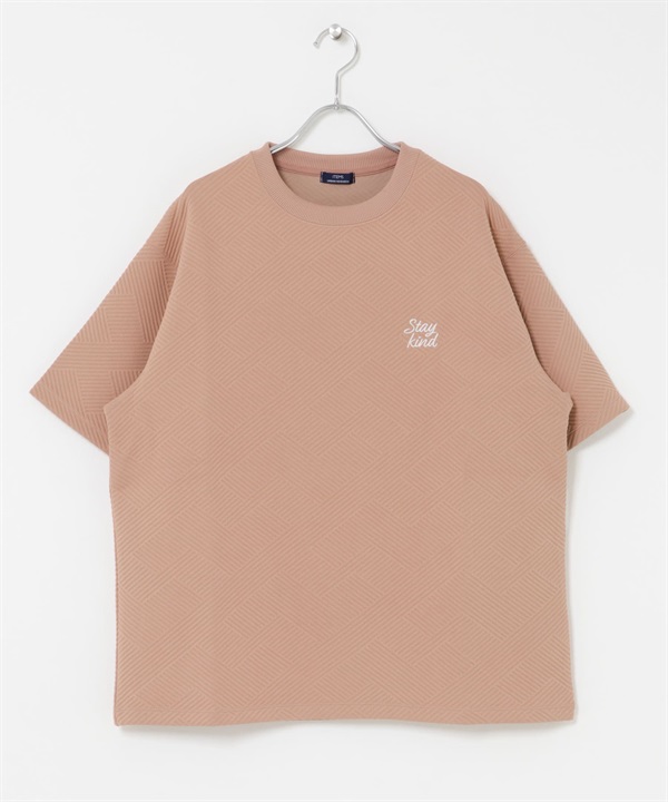 刺繡緹花涼感五分袖上衣(粉膚色-M-PINK BEIGE)