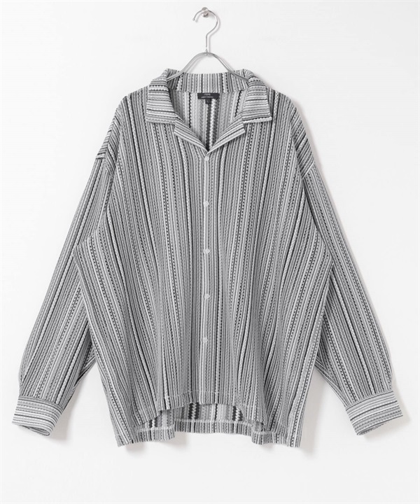 條紋蕾絲開領襯衫(黑色-M-BLACK)