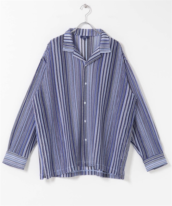 條紋蕾絲開領襯衫(藍色-M-BLUE)