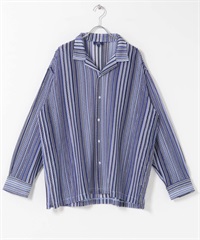 條紋蕾絲開領襯衫(藍色-M-BLUE)