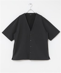 涼感/防潑水/防汙高機能泡泡紗五分袖開襟衫(黑色-M-BLACK)